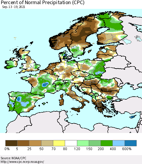 Europe Percent of Normal Precipitation (CPC) Thematic Map For 9/13/2021 - 9/19/2021