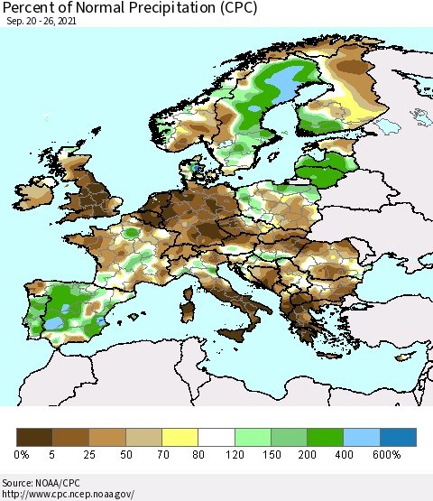Europe Percent of Normal Precipitation (CPC) Thematic Map For 9/20/2021 - 9/26/2021