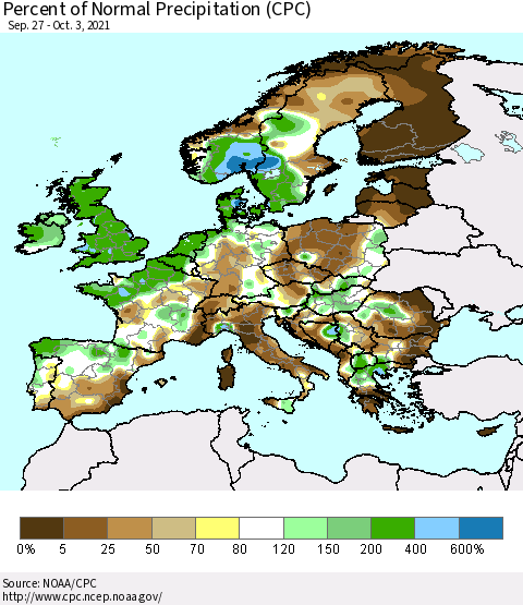 Europe Percent of Normal Precipitation (CPC) Thematic Map For 9/27/2021 - 10/3/2021