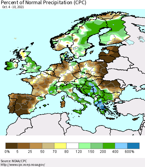 Europe Percent of Normal Precipitation (CPC) Thematic Map For 10/4/2021 - 10/10/2021