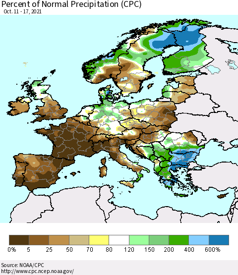 Europe Percent of Normal Precipitation (CPC) Thematic Map For 10/11/2021 - 10/17/2021