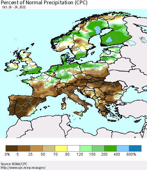 Europe Percent of Normal Precipitation (CPC) Thematic Map For 10/18/2021 - 10/24/2021