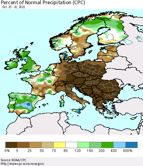 Europe Percent of Normal Precipitation (CPC) Thematic Map For 10/25/2021 - 10/31/2021