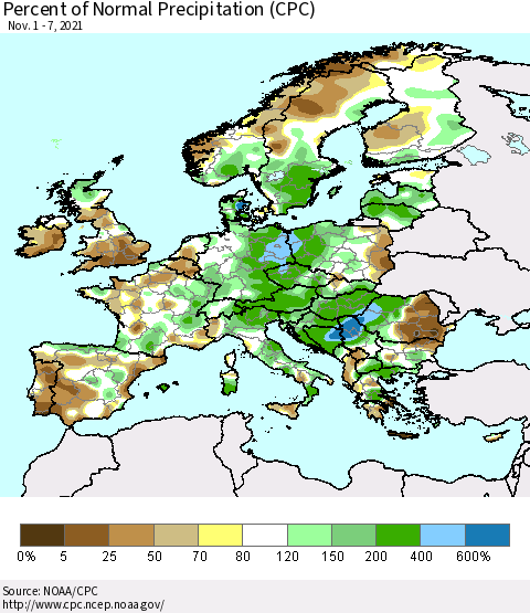 Europe Percent of Normal Precipitation (CPC) Thematic Map For 11/1/2021 - 11/7/2021