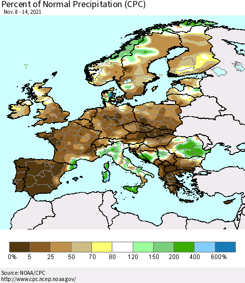 Europe Percent of Normal Precipitation (CPC) Thematic Map For 11/8/2021 - 11/14/2021
