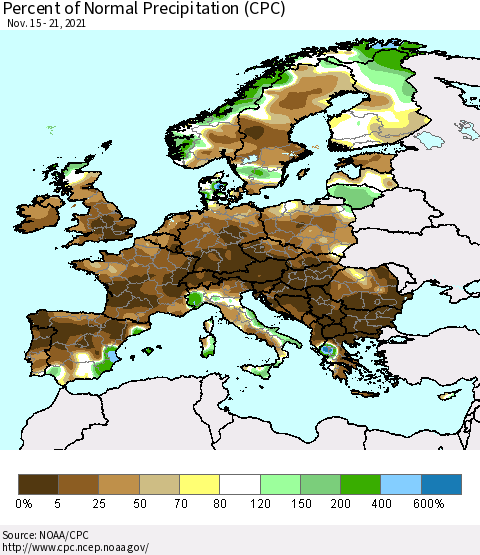 Europe Percent of Normal Precipitation (CPC) Thematic Map For 11/15/2021 - 11/21/2021