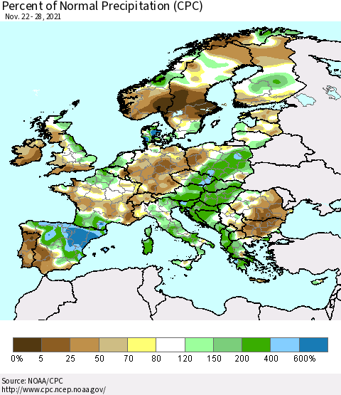 Europe Percent of Normal Precipitation (CPC) Thematic Map For 11/22/2021 - 11/28/2021