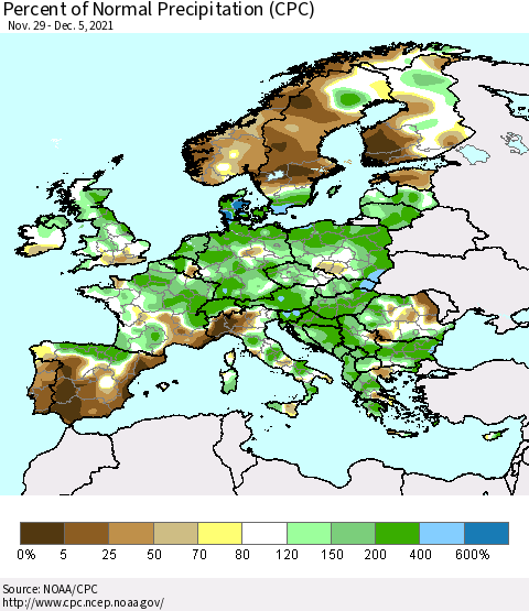 Europe Percent of Normal Precipitation (CPC) Thematic Map For 11/29/2021 - 12/5/2021