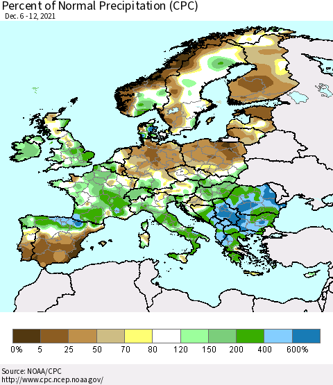 Europe Percent of Normal Precipitation (CPC) Thematic Map For 12/6/2021 - 12/12/2021