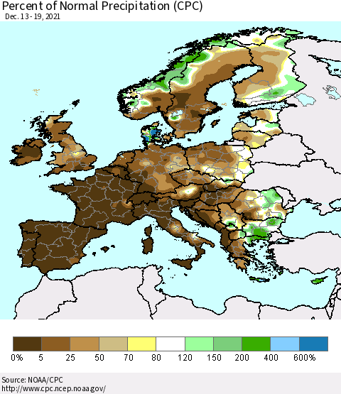 Europe Percent of Normal Precipitation (CPC) Thematic Map For 12/13/2021 - 12/19/2021