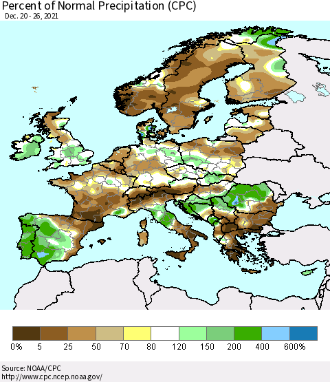 Europe Percent of Normal Precipitation (CPC) Thematic Map For 12/20/2021 - 12/26/2021