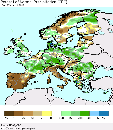 Europe Percent of Normal Precipitation (CPC) Thematic Map For 12/27/2021 - 1/2/2022