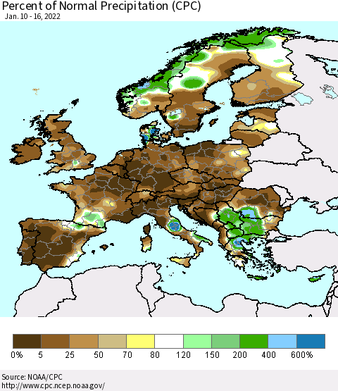 Europe Percent of Normal Precipitation (CPC) Thematic Map For 1/10/2022 - 1/16/2022