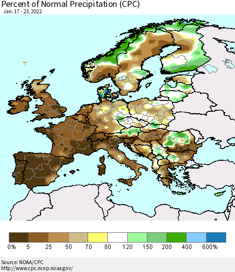 Europe Percent of Normal Precipitation (CPC) Thematic Map For 1/17/2022 - 1/23/2022