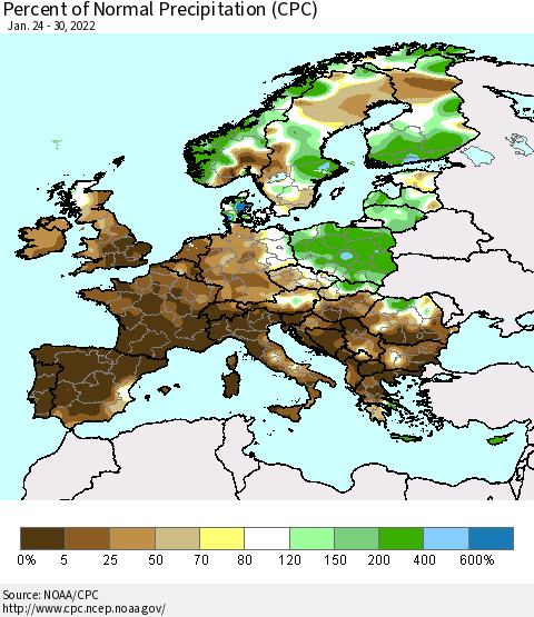 Europe Percent of Normal Precipitation (CPC) Thematic Map For 1/24/2022 - 1/30/2022