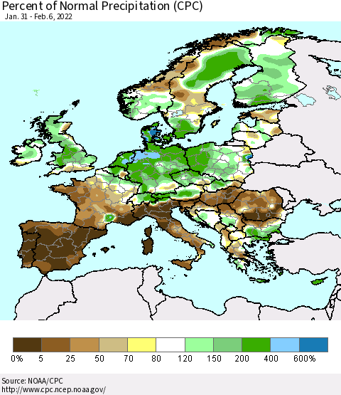 Europe Percent of Normal Precipitation (CPC) Thematic Map For 1/31/2022 - 2/6/2022