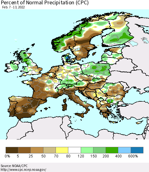 Europe Percent of Normal Precipitation (CPC) Thematic Map For 2/7/2022 - 2/13/2022
