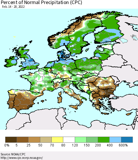 Europe Percent of Normal Precipitation (CPC) Thematic Map For 2/14/2022 - 2/20/2022