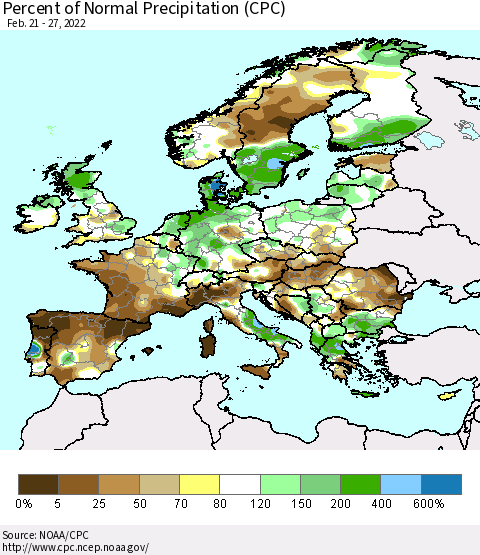 Europe Percent of Normal Precipitation (CPC) Thematic Map For 2/21/2022 - 2/27/2022