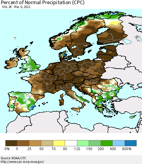 Europe Percent of Normal Precipitation (CPC) Thematic Map For 2/28/2022 - 3/6/2022