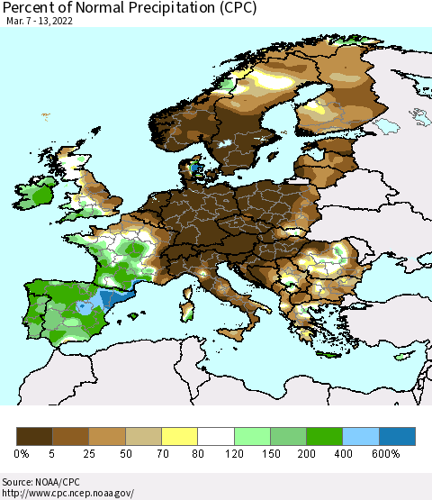 Europe Percent of Normal Precipitation (CPC) Thematic Map For 3/7/2022 - 3/13/2022