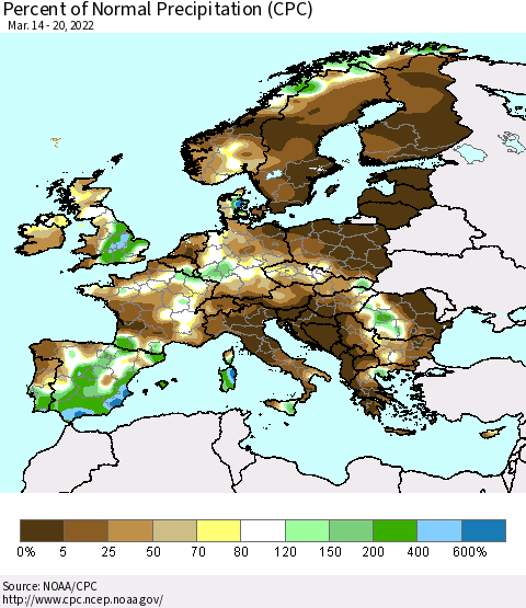 Europe Percent of Normal Precipitation (CPC) Thematic Map For 3/14/2022 - 3/20/2022
