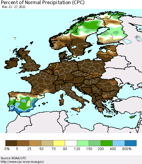 Europe Percent of Normal Precipitation (CPC) Thematic Map For 3/21/2022 - 3/27/2022