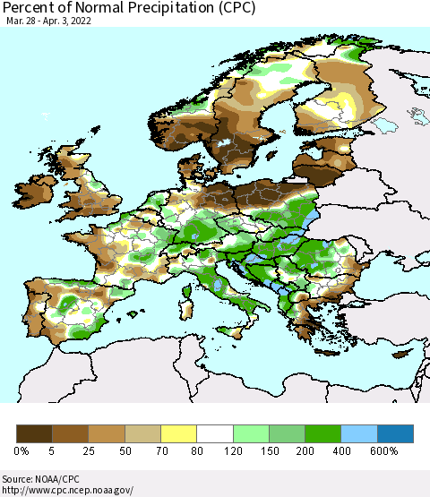 Europe Percent of Normal Precipitation (CPC) Thematic Map For 3/28/2022 - 4/3/2022