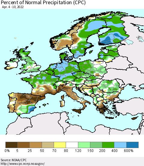 Europe Percent of Normal Precipitation (CPC) Thematic Map For 4/4/2022 - 4/10/2022