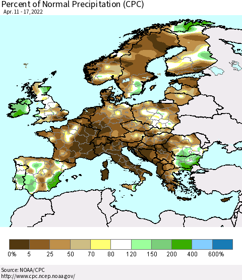 Europe Percent of Normal Precipitation (CPC) Thematic Map For 4/11/2022 - 4/17/2022