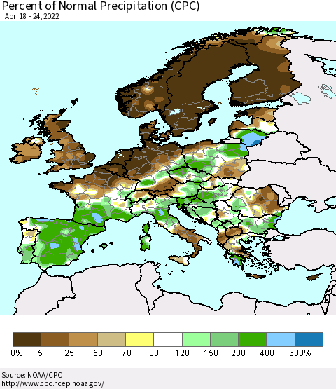 Europe Percent of Normal Precipitation (CPC) Thematic Map For 4/18/2022 - 4/24/2022