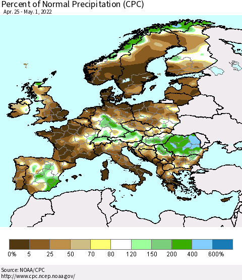 Europe Percent of Normal Precipitation (CPC) Thematic Map For 4/25/2022 - 5/1/2022