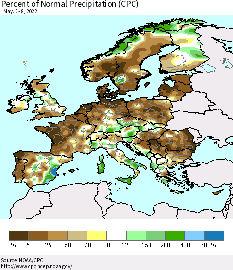 Europe Percent of Normal Precipitation (CPC) Thematic Map For 5/2/2022 - 5/8/2022