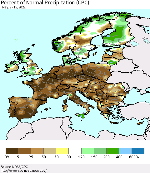 Europe Percent of Normal Precipitation (CPC) Thematic Map For 5/9/2022 - 5/15/2022