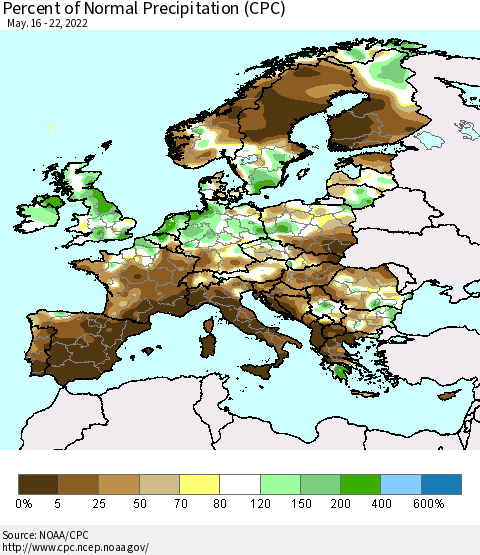 Europe Percent of Normal Precipitation (CPC) Thematic Map For 5/16/2022 - 5/22/2022