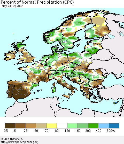 Europe Percent of Normal Precipitation (CPC) Thematic Map For 5/23/2022 - 5/29/2022