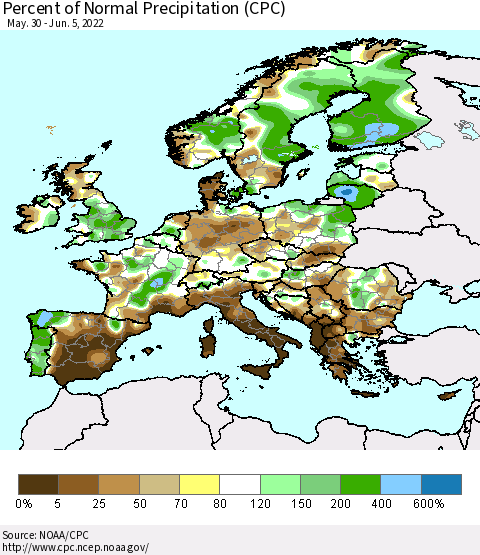Europe Percent of Normal Precipitation (CPC) Thematic Map For 5/30/2022 - 6/5/2022