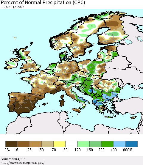 Europe Percent of Normal Precipitation (CPC) Thematic Map For 6/6/2022 - 6/12/2022