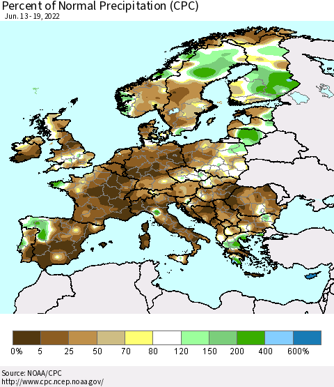 Europe Percent of Normal Precipitation (CPC) Thematic Map For 6/13/2022 - 6/19/2022