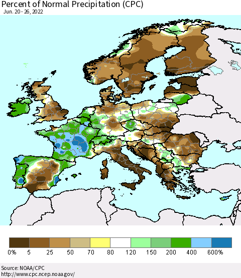 Europe Percent of Normal Precipitation (CPC) Thematic Map For 6/20/2022 - 6/26/2022