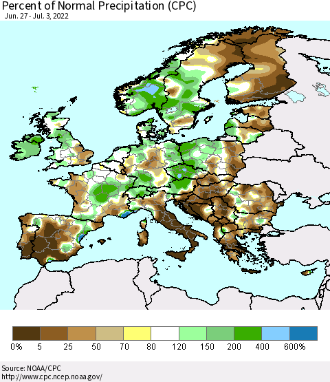 Europe Percent of Normal Precipitation (CPC) Thematic Map For 6/27/2022 - 7/3/2022