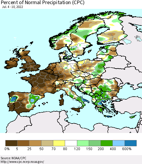 Europe Percent of Normal Precipitation (CPC) Thematic Map For 7/4/2022 - 7/10/2022