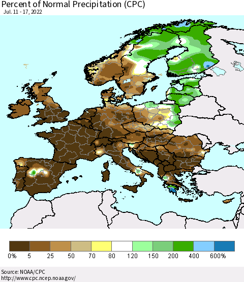 Europe Percent of Normal Precipitation (CPC) Thematic Map For 7/11/2022 - 7/17/2022