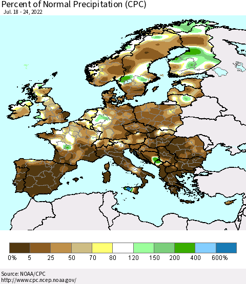 Europe Percent of Normal Precipitation (CPC) Thematic Map For 7/18/2022 - 7/24/2022