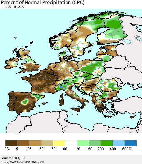 Europe Percent of Normal Precipitation (CPC) Thematic Map For 7/25/2022 - 7/31/2022