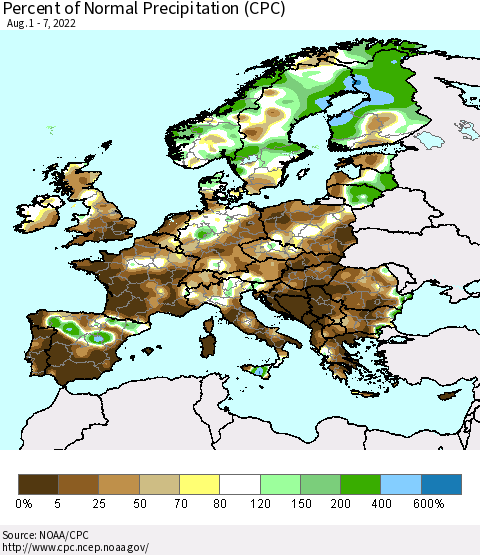 Europe Percent of Normal Precipitation (CPC) Thematic Map For 8/1/2022 - 8/7/2022