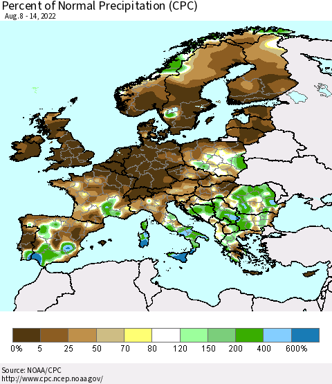 Europe Percent of Normal Precipitation (CPC) Thematic Map For 8/8/2022 - 8/14/2022