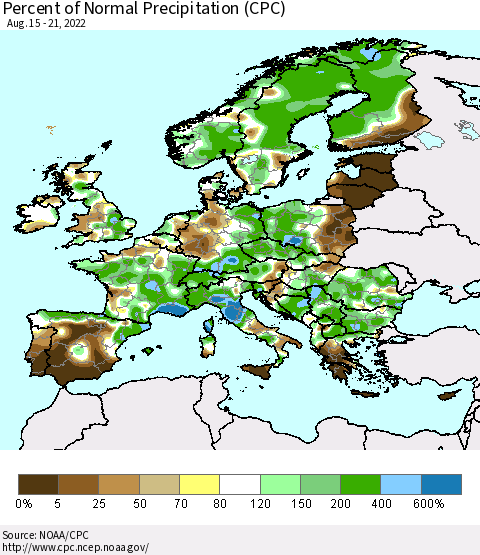 Europe Percent of Normal Precipitation (CPC) Thematic Map For 8/15/2022 - 8/21/2022