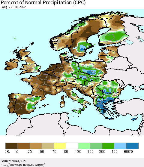 Europe Percent of Normal Precipitation (CPC) Thematic Map For 8/22/2022 - 8/28/2022