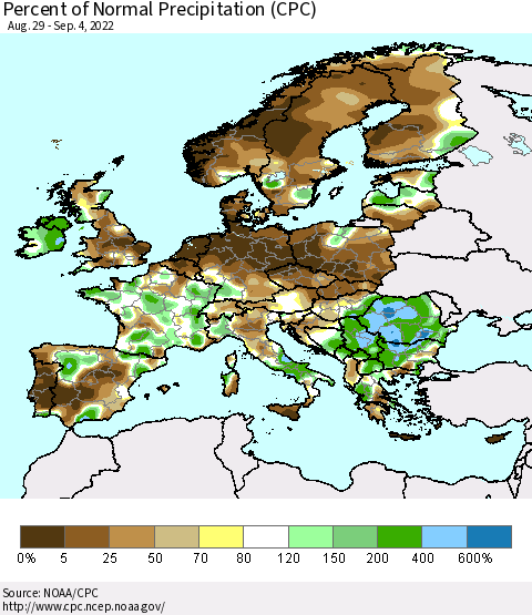 Europe Percent of Normal Precipitation (CPC) Thematic Map For 8/29/2022 - 9/4/2022